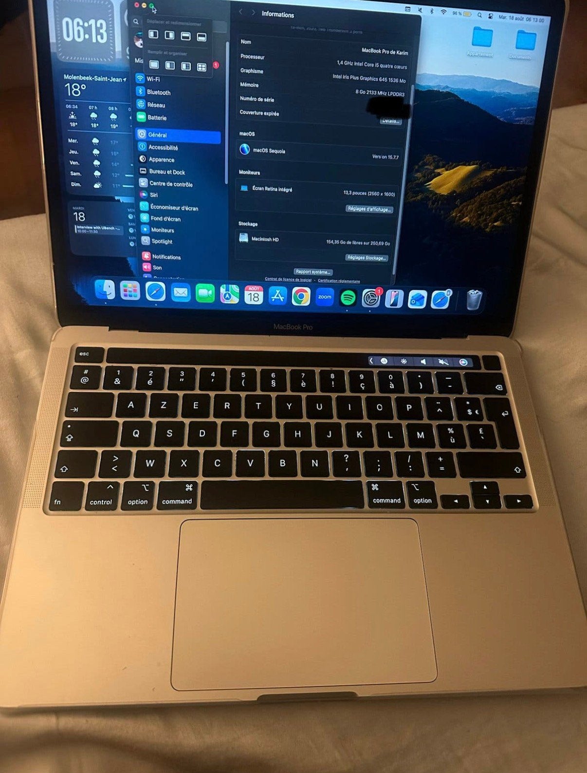 MacBook Pro 13" 2020, Intel i5, 8 Go RAM, 256 Go, SSD, Informatique & Logiciels, 256 GB, Moins de 2 Ghz, Utilisé, Azerty