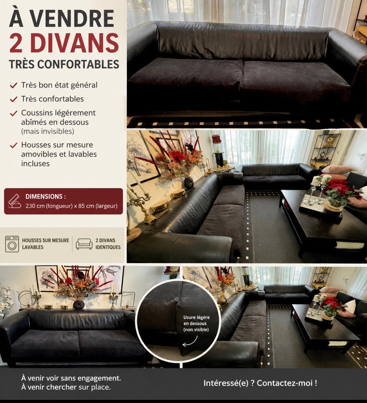 Ensemble de 2 grands divans très confortables, Maison & Meubles, Canapés | Coins salons complets, Enlèvement, Utilisé, Cuir