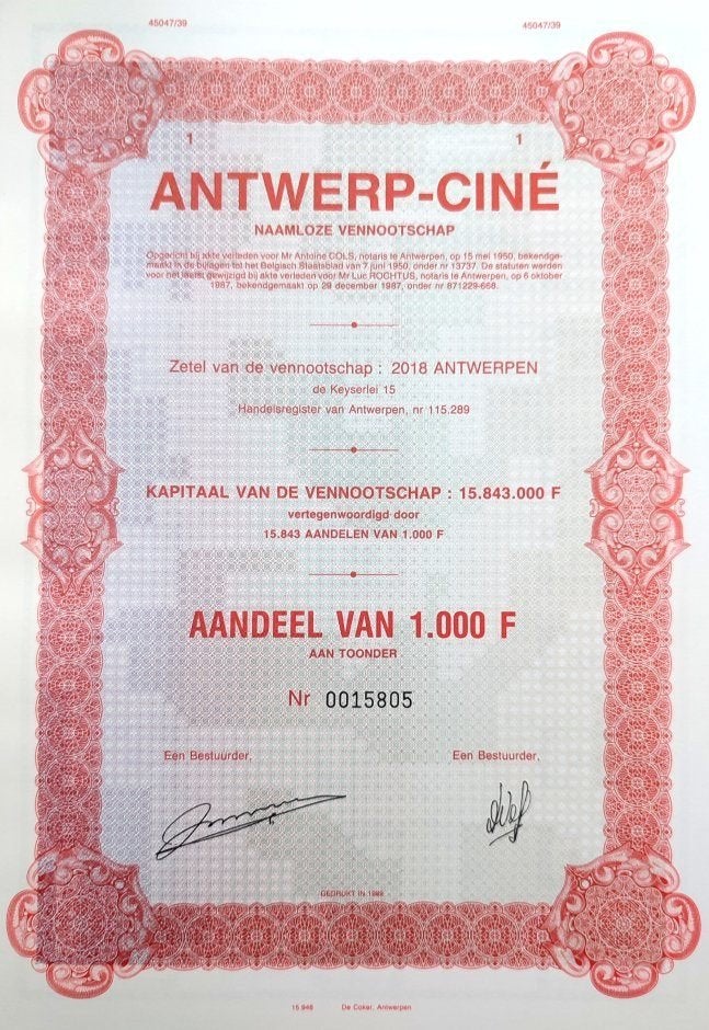 Antwerp Ciné 1987, Timbres & Monnaies, Actions & Titres, Enlèvement ou Envoi, 1970 à nos jours, Action