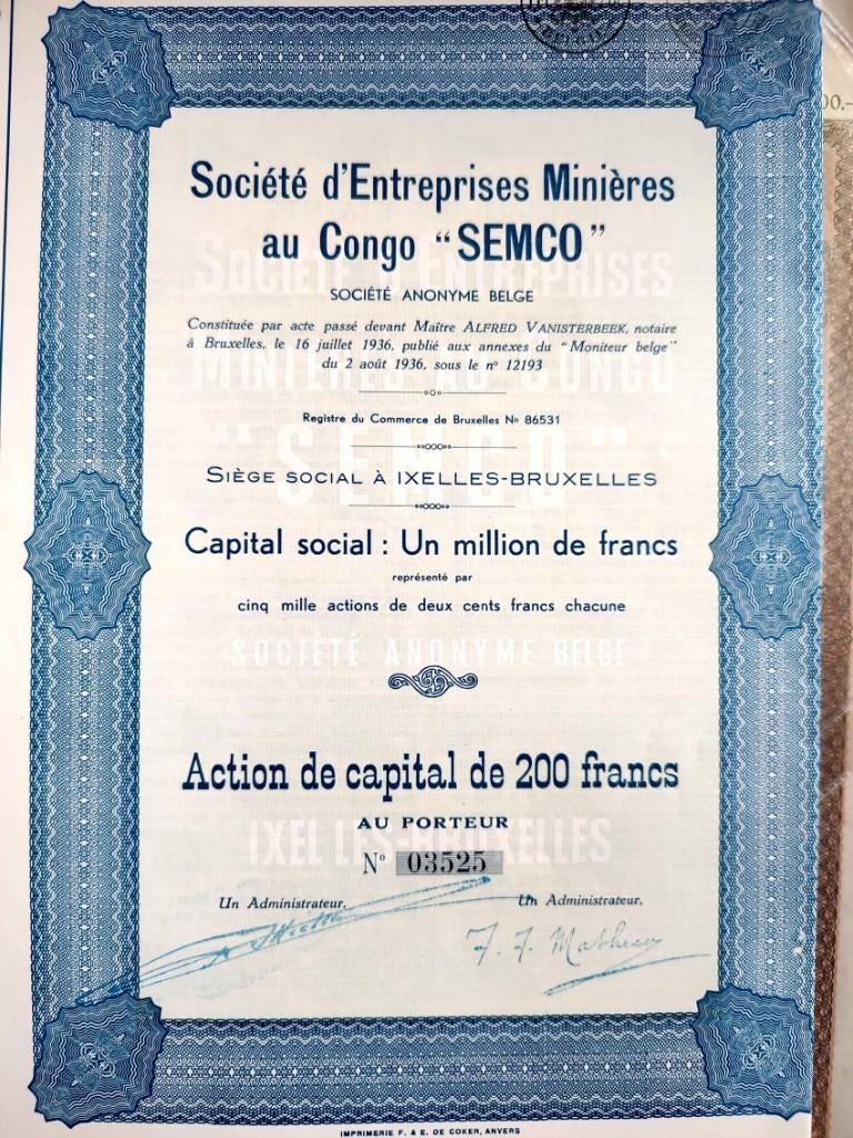 Société d'Entreprises Minières au Congo 1936, Timbres & Monnaies, Enlèvement ou Envoi, 1920 à 1950, Action