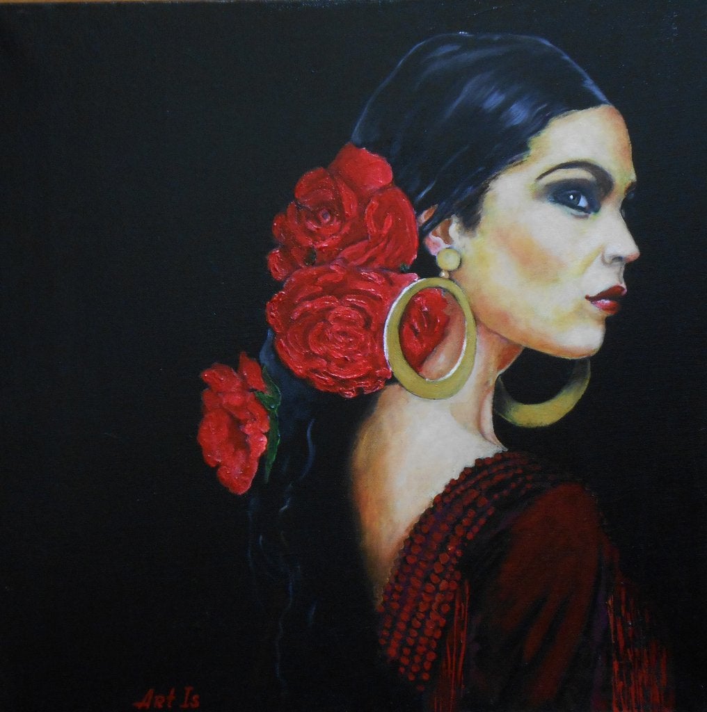 Peinture « Danseuse de flamenco », Antiquités & Art, Art | Peinture | Moderne, Textile, Peinture à l'huile, Portrait, Sur cadre en bois