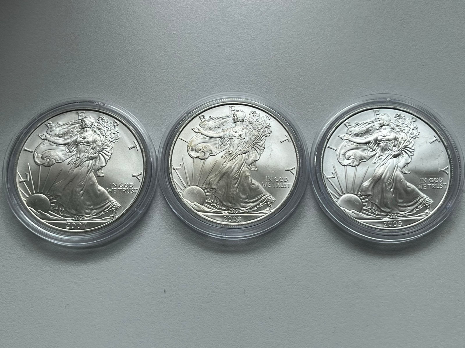 3 zilveren munten 1oz US Eagle Liberty 2007 2008 en 2009, Postzegels en Munten, Ophalen of Verzenden, Zilver