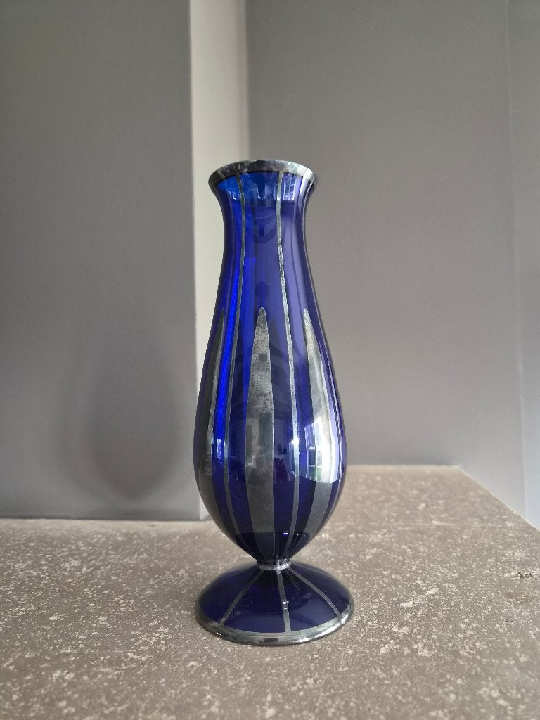 Art Deco vaas – kobaltblauw glas met zilveropleg, Ophalen