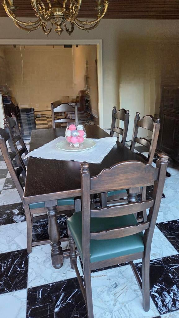 Tafel 90- 180  met 6 stoelen groene zitting, Huis en Inrichting, Ophalen