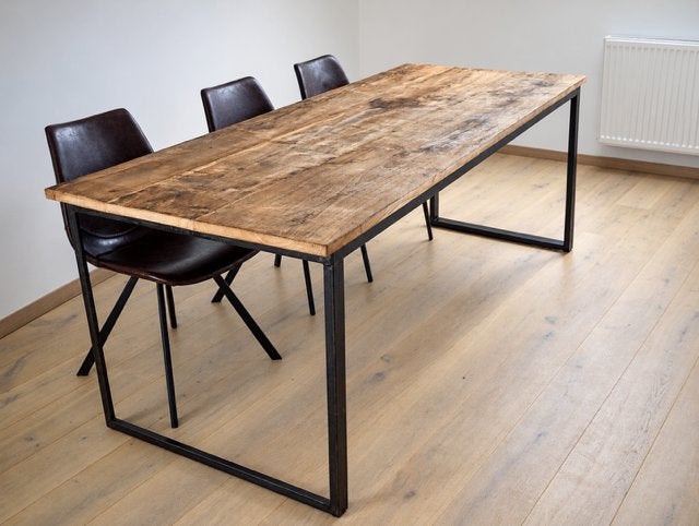 Houten eettafel op stalen frame, Ophalen, Gebruikt, 50 tot 100 cm, Vijf personen of meer