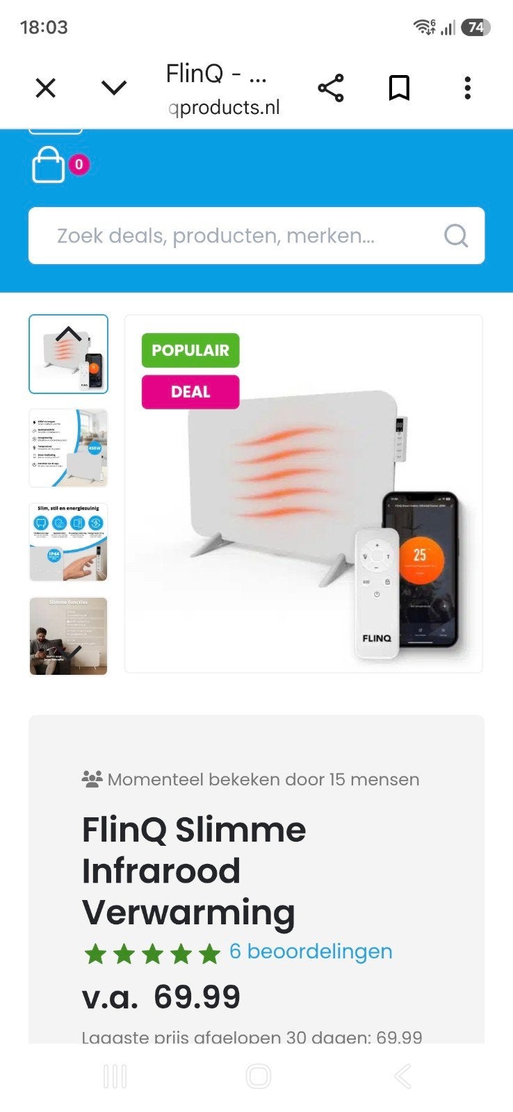 Flinq infrarood heater met WiFi 450 Watt, Ophalen, 30 tot 80 cm, Radiator, Nieuw
