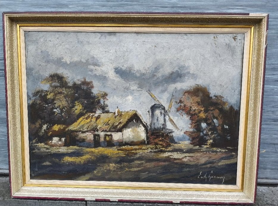 Huile sur toile moulin signe Émile lammers, Antiek en Kunst, Kunst | Schilderijen | Klassiek, Ophalen, Doek