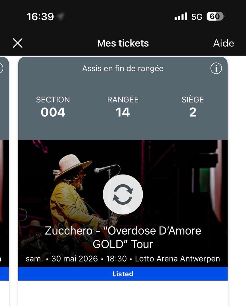 Concert Zucchero 30/5/26 Anvers super places, Tickets & Billets