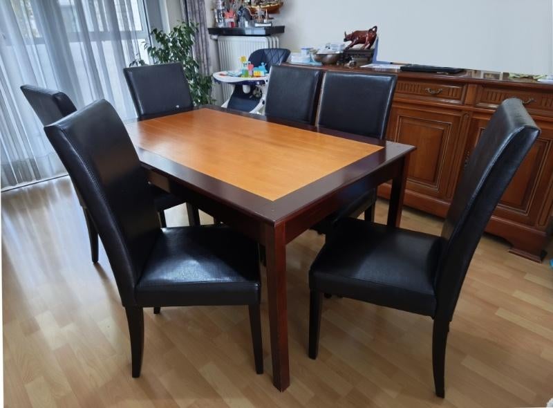 Table de cuisine en chêne MDF + 6 chaises, 100 à 150 cm, Cinq personnes ou plus, 150 à 200 cm, Comme neuf