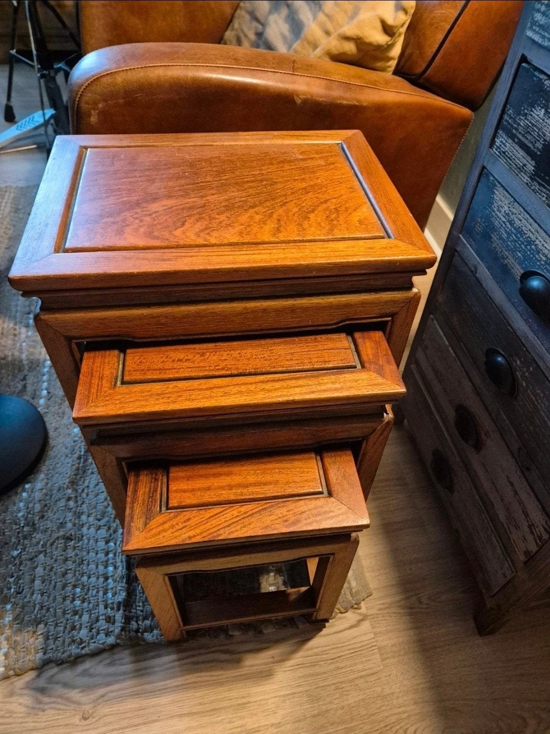 Table gigogne 3 pièces teck bois asiatique chinoiserie, Enlèvement ou Envoi, Utilisé