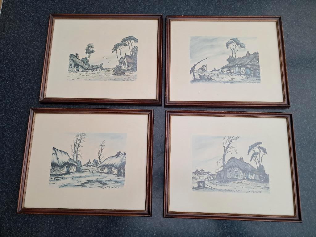 aquarel- schilderijtjes, Jef Peeters, dorp boerderij kapel, Minder dan 50 cm, Gebruikt, Ophalen of Verzenden, Schilderij