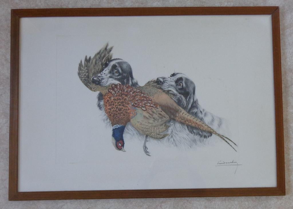 LEON DANCHIN / JACHTHONDEN / KLEURETS / 68x96cm / KADER, Enlèvement