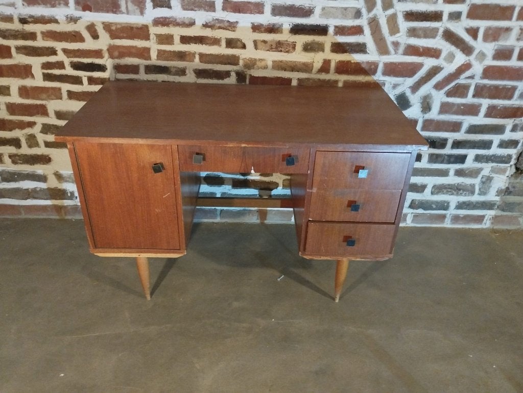 Vintage houten bureau met laden en opbergruimte, Ophalen, Gebruikt, 120 cm, 60 cm