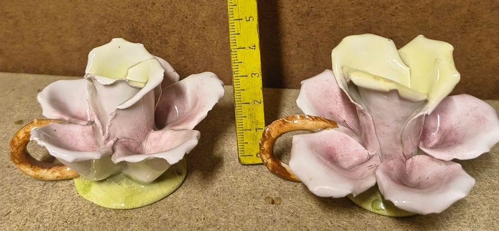 2 Vintage Porseleinen Roos Kandelaars - Handgeschilderd, 6 cm, Gebruikt, Vintage, Ophalen of Verzenden