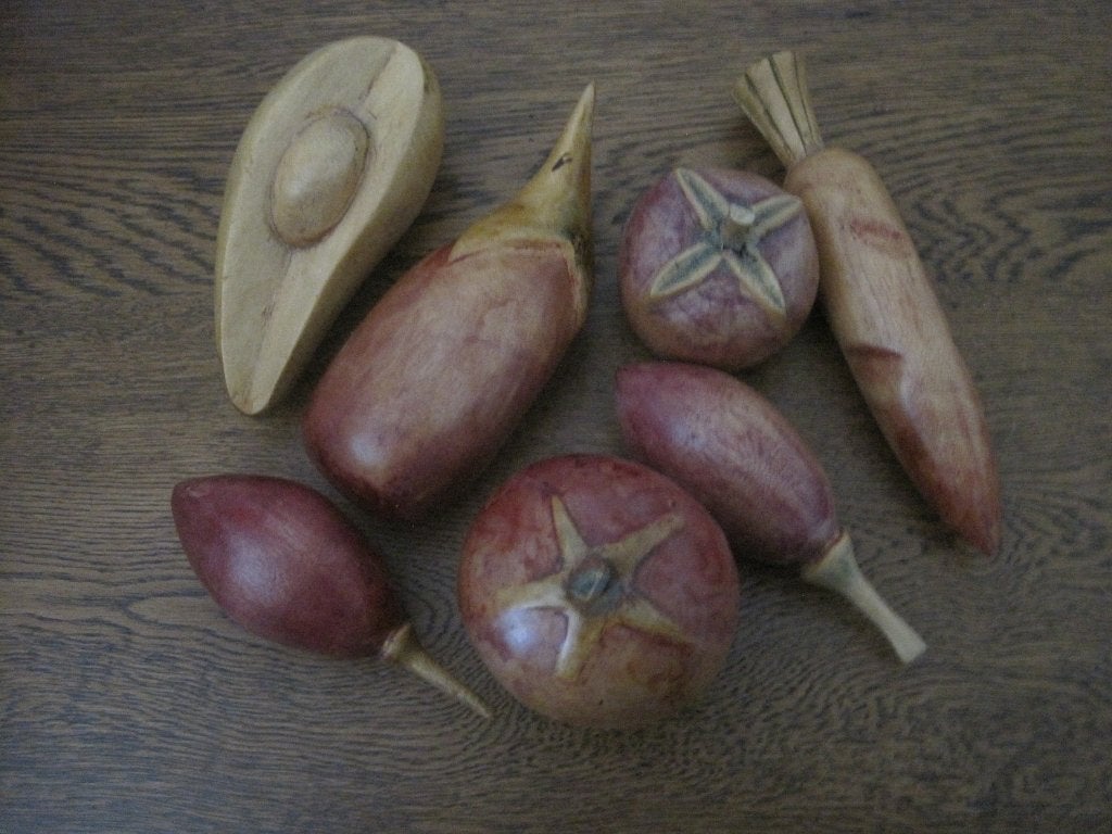 7 morceaux de fruits tropicaux du Congo faits main en bois, Afrique, Bois, Enlèvement ou Envoi, Sculpture sur bois