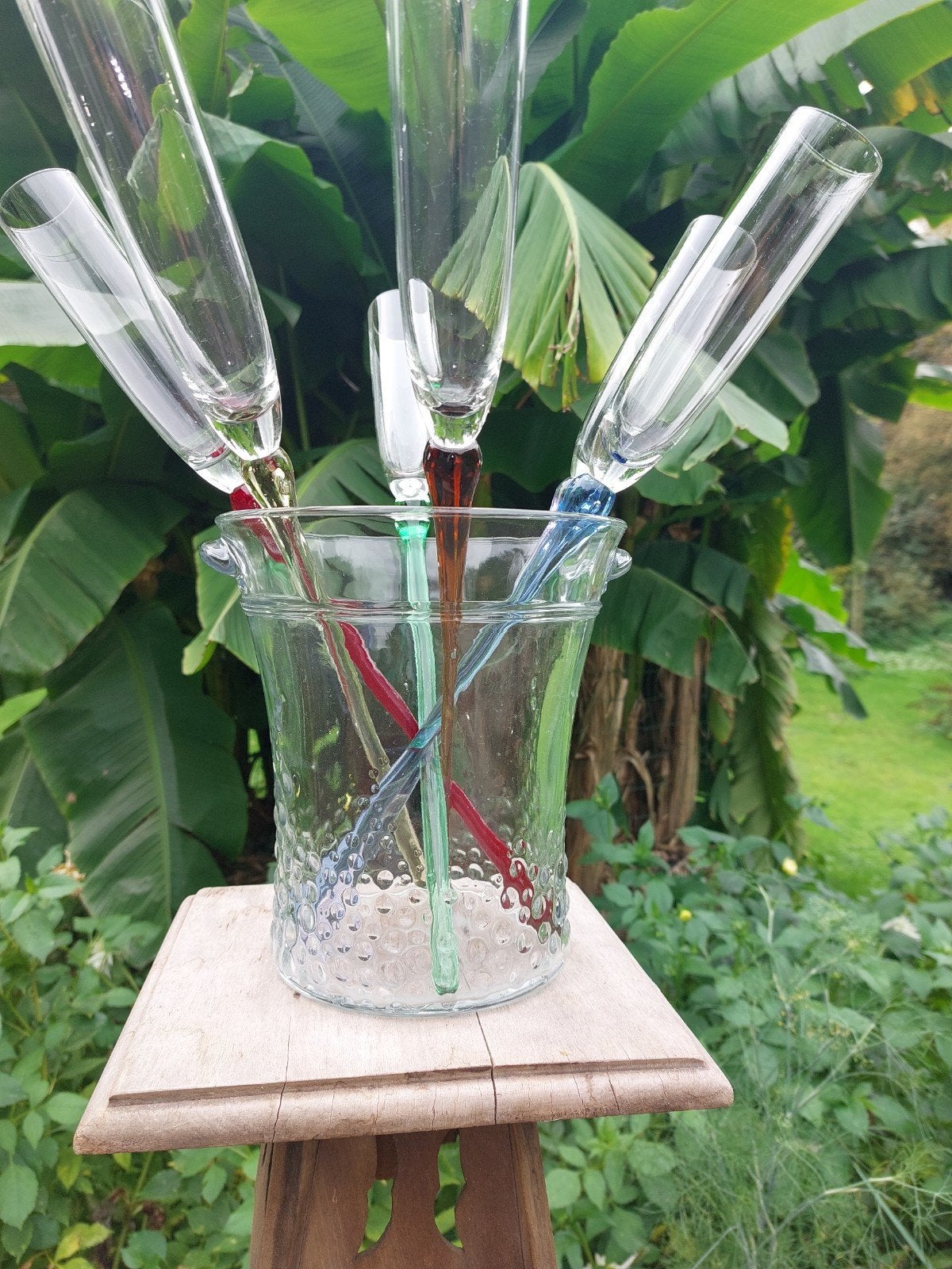 6 champagne glazen met kleur stengel...zonder voet, Huis en Inrichting, Ophalen of Verzenden, Glas