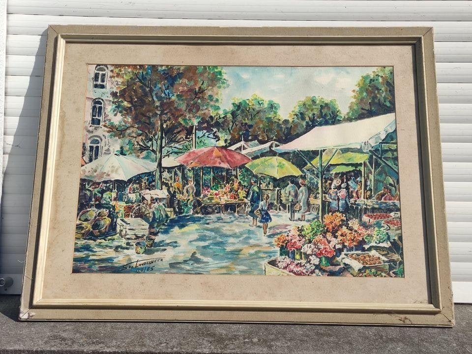 aquarelle marche aux fleur signe s de landtsheer, Enlèvement ou Envoi, Aquarelle