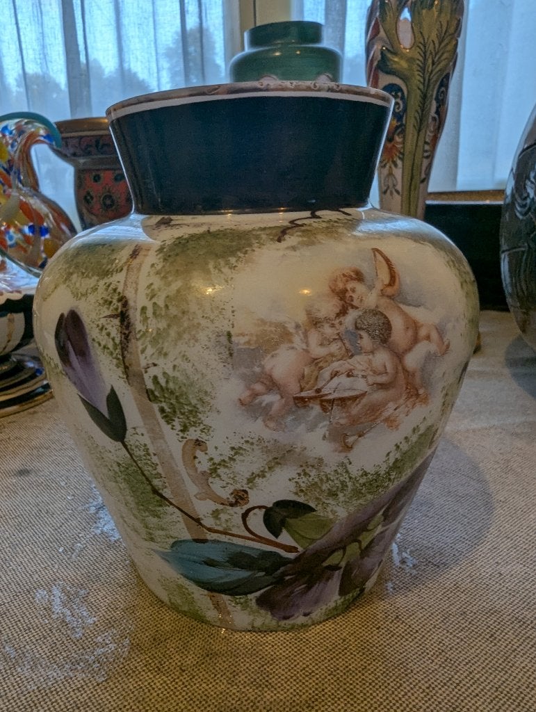 Antieke opaline beursvaas met romantisch putti cherubijnen, Antiek en Kunst, Antiek | Vazen, Ophalen of Verzenden