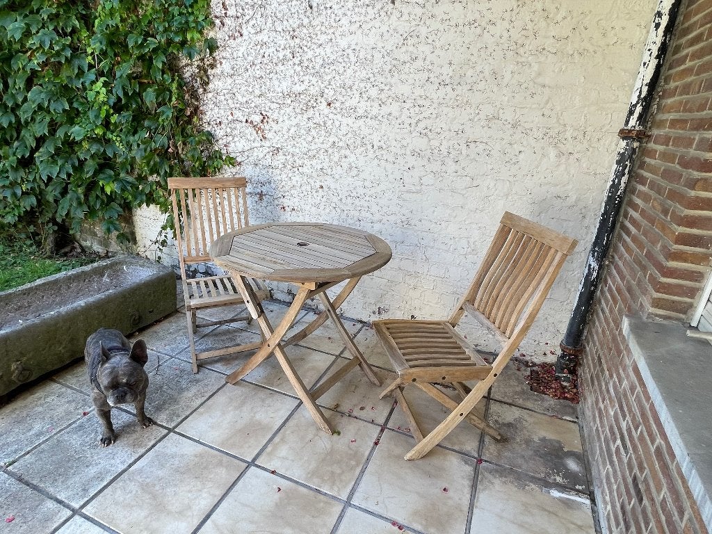 Table d’appoint et 2 chaises en tek, Jardin & Terrasse, Ensembles de jardin, Enlèvement, Utilisé, Bois, Sets de jardin