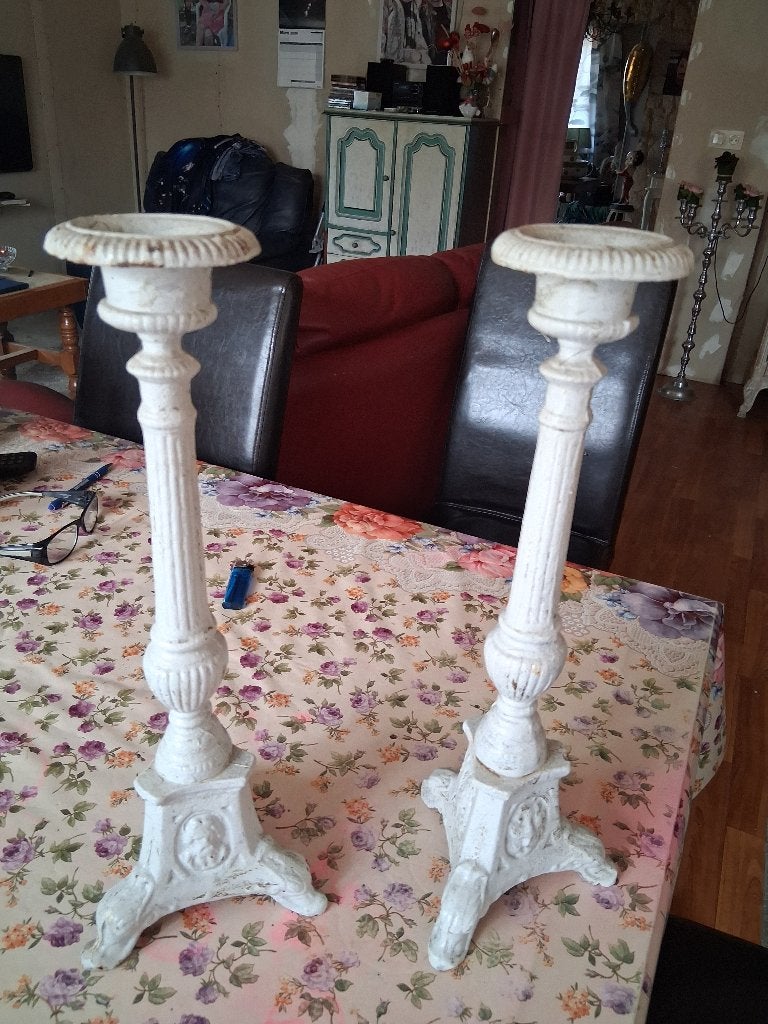 2 oude gietijzeren kandelaars, Antiek en Kunst, Ophalen, Overige materialen