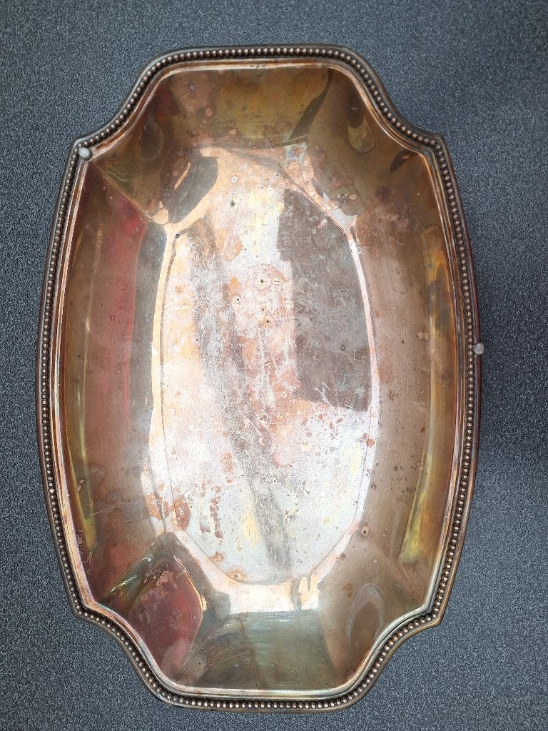 Plat de service métal argenté décor perlé, Ophalen of Verzenden, Zilver