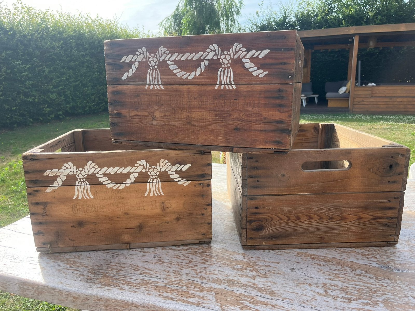 Authentieke vintage houten kisten – fruitkisten, set van 3, Ophalen, Zo goed als nieuw