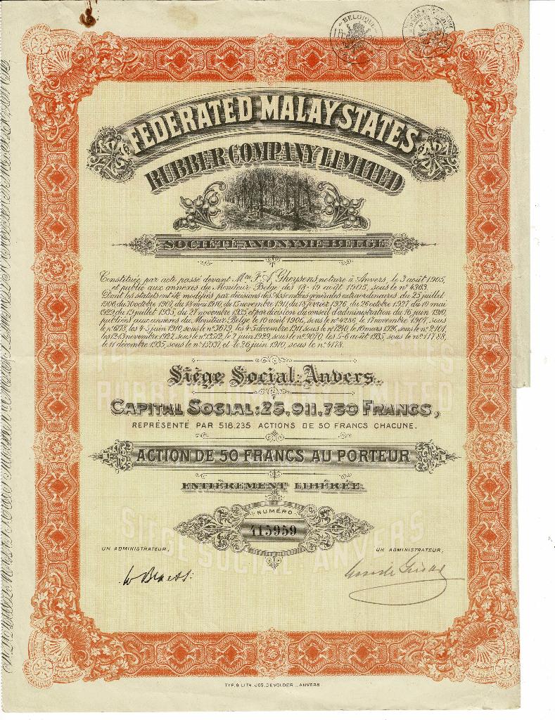 États fédérés malais - Anvers 1910 - Action de 50 francs, Envoi, Avant 1920, Action