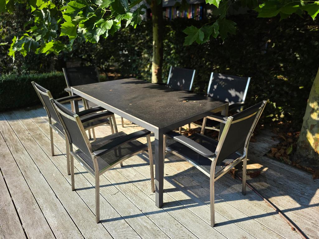 Tuintafel + 6 stoelen, Tuin en Terras, Ophalen, Gebruikt, Rechthoekig, Aluminium