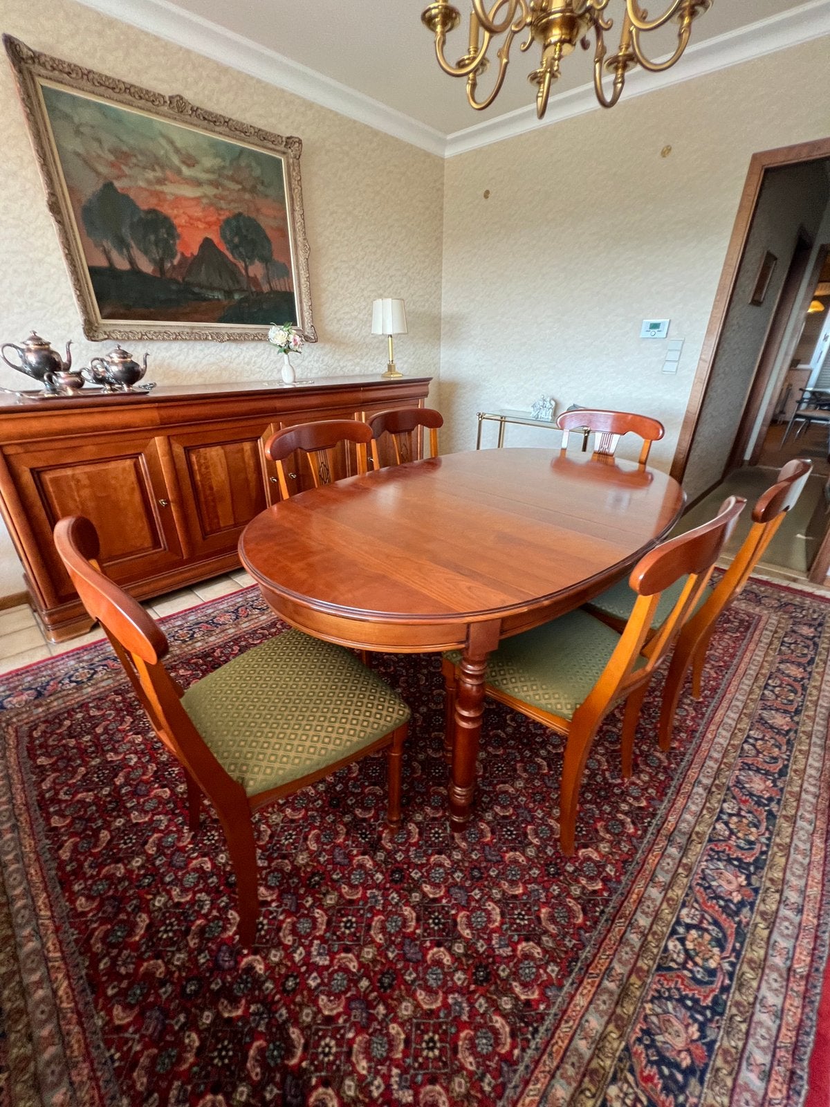 Massieve kerselaar tafel - uitschuifbaar & 6 stoelen, Enlèvement, Comme neuf, Rond