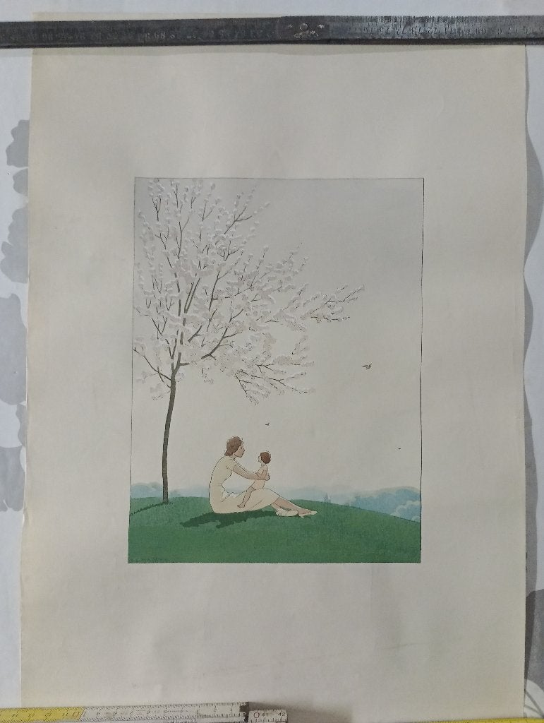 Estampe Art Déco A.E. Marty Maternité Pochoir 31x45cm, Enlèvement ou Envoi, Mode