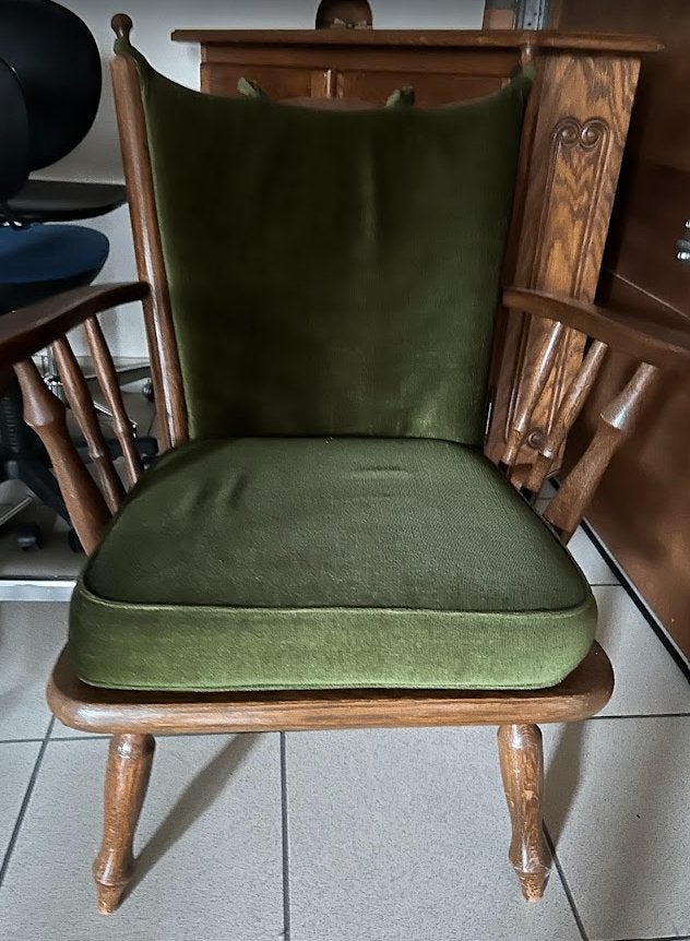 Vintage houten zetel met stof bekleding, Ophalen, Gebruikt, Eenpersoons, Hout