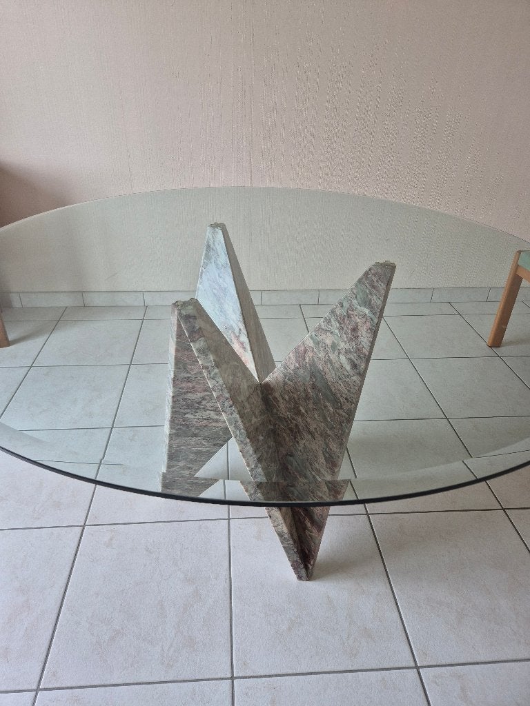 Ronde glazen tafel met graniet steun, Huis en Inrichting, Ophalen, 100 tot 150 cm, Vintage, Rond
