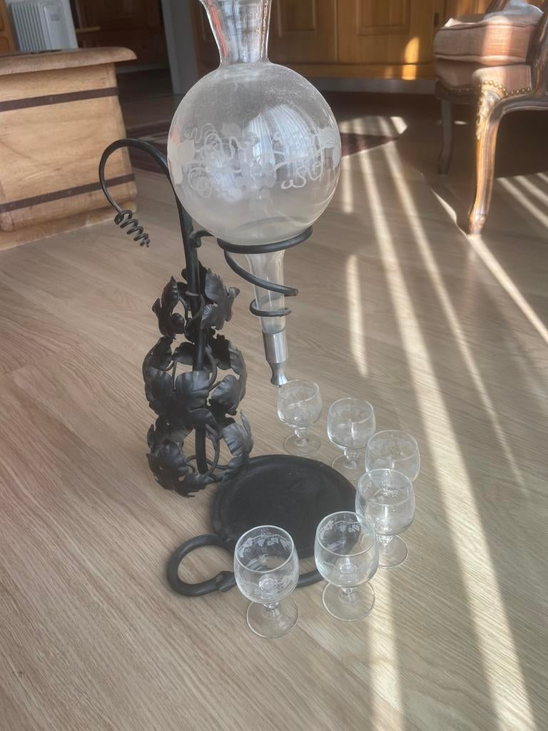 Magnifique distributeur de vin vintage avec 6 verres, Enlèvement