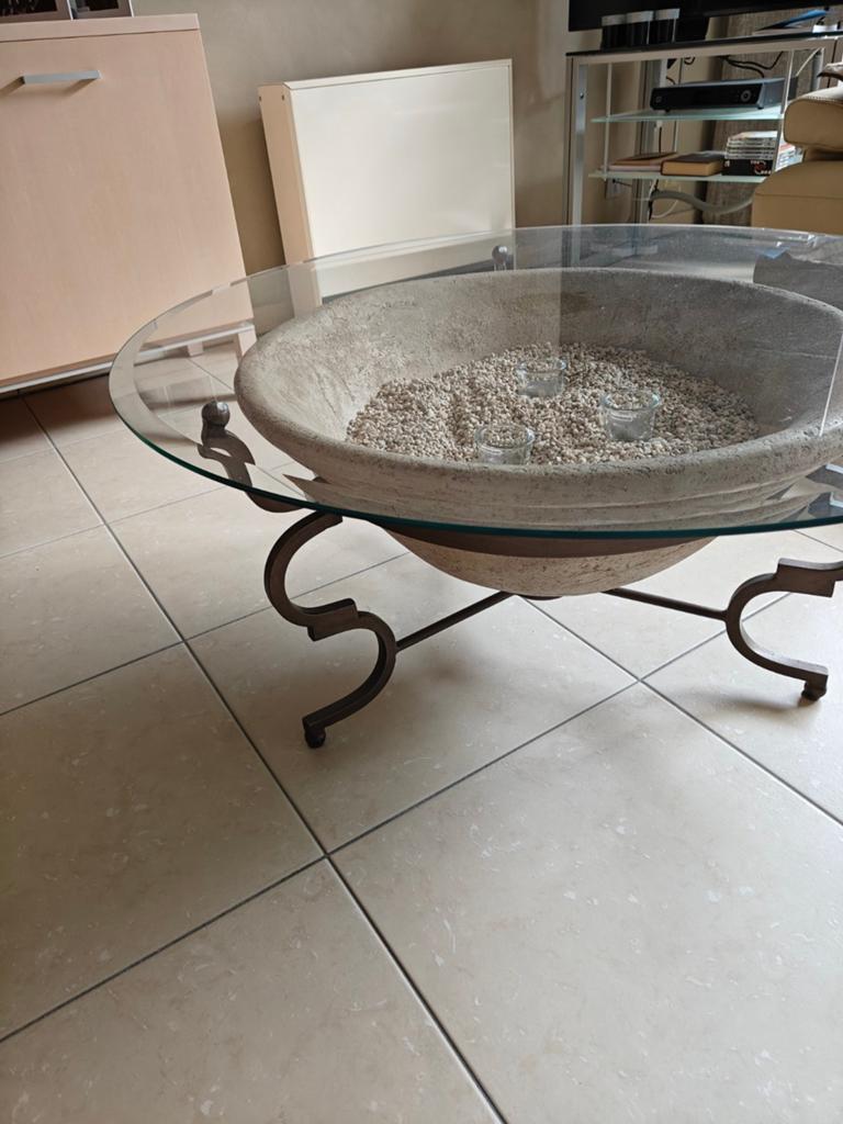 Unieke design salontafel - Glas & Smeedijzer met decoratiesc, Ophalen, Zo goed als nieuw