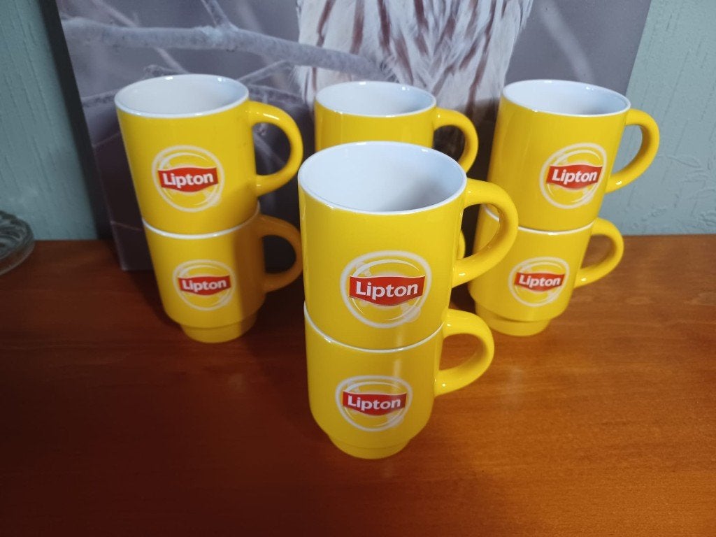 Lot de 8 nouveaux gobelets empilables Lipton jaunes, Neuf, Enlèvement ou Envoi, Céramique, Tasse(s) et/ou soucoupe(s)