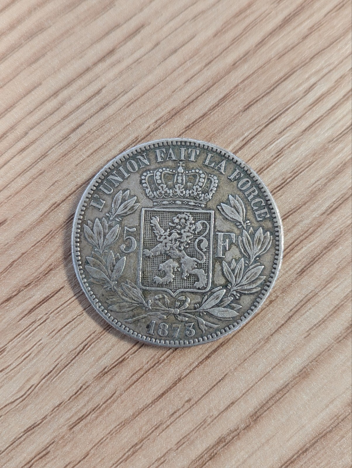 5 Frank 1873 - wapenschild Leopold II, Postzegels en Munten, Ophalen of Verzenden