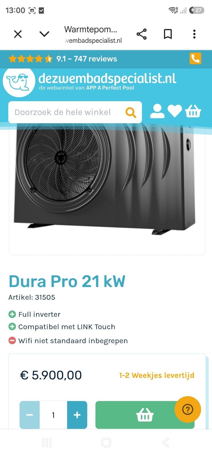 zwembad warmtepomp 19.5kw full inverter, Ophalen