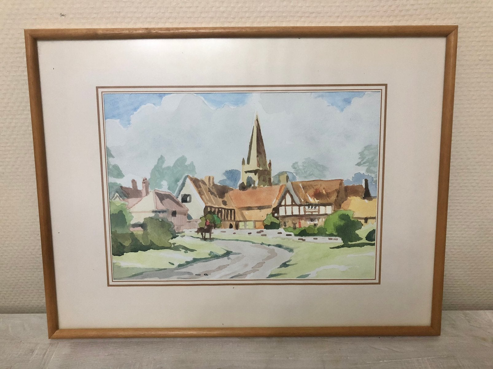Aquarel  " Naar de dorpskerk " 28 x 20 cm, Antiek en Kunst, Kunst | Schilderijen | Klassiek, Overige ondergronden, Ophalen of Verzenden