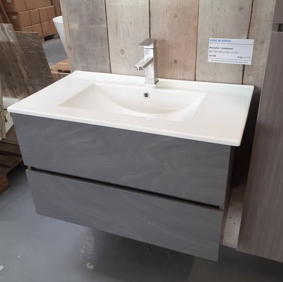 Badmeubel, grijs, houtlook, wastafel + onderkast, kode 80, Ophalen of Verzenden, Nieuw, Grijs