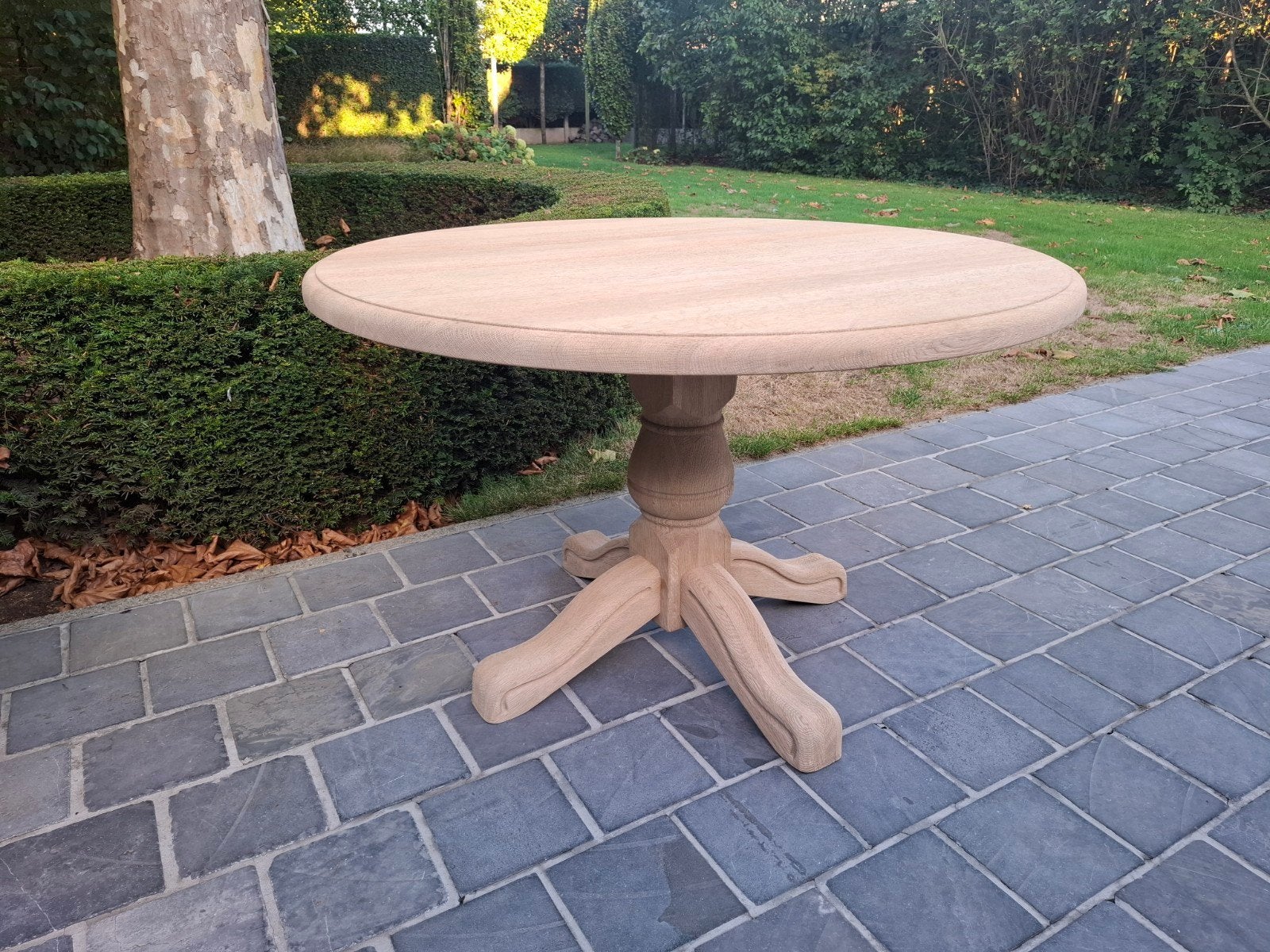 Table à manger ronde en chêne massif. 120 cm. Aérogommé., Maison & Meubles, Enlèvement ou Envoi