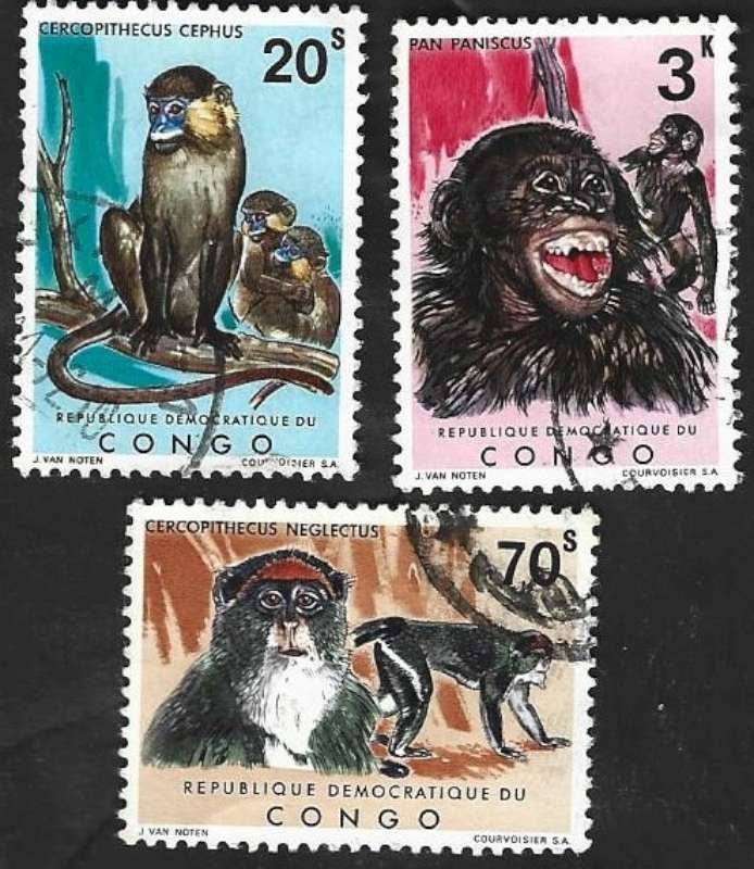 3 Postzegels Congo-Kinshasa  1971 Apen, Ophalen of Verzenden, Gestempeld, Dier of Natuur