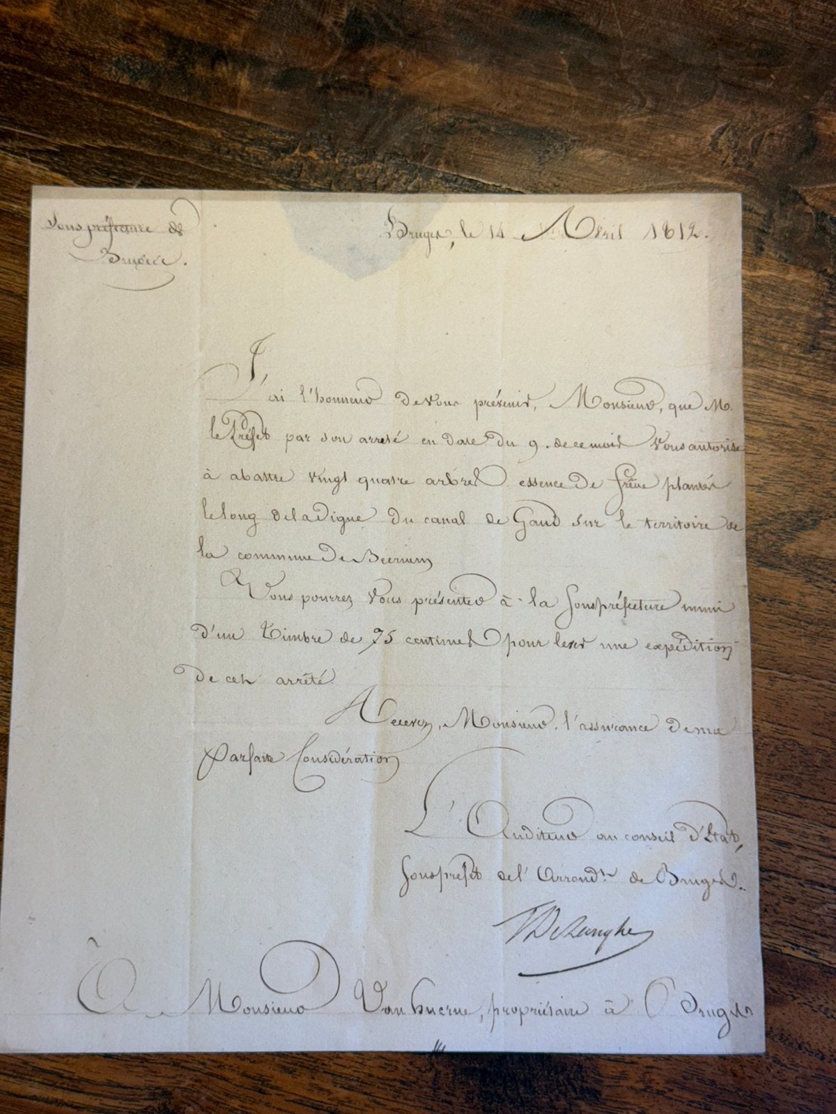 Originele Napoleontische brief Brugge 1812 – historisch, Ophalen of Verzenden