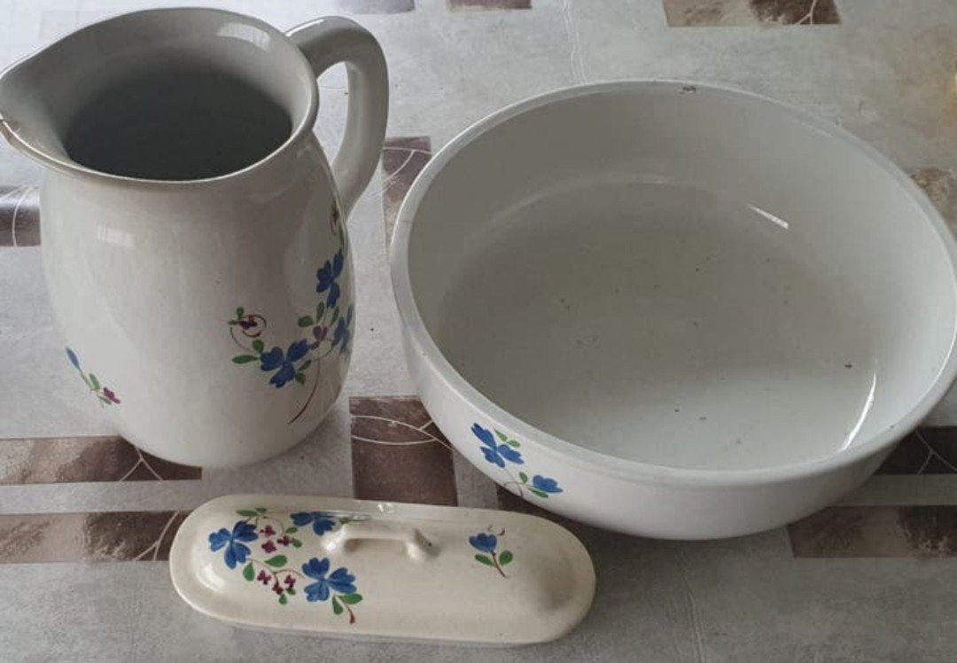 Antiek lampetstel keramiek met blauwe bloemen - 3-delig, Ophalen