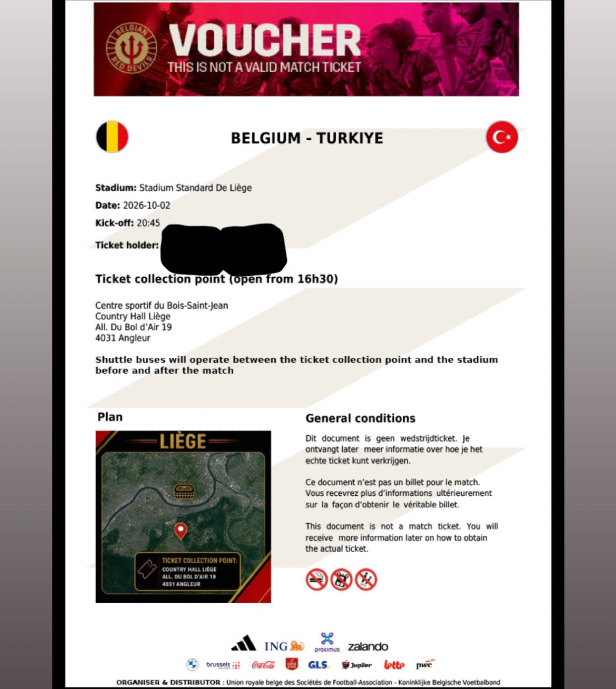 Belcika - Turkiye deplasman tribun, Tickets en Kaartjes