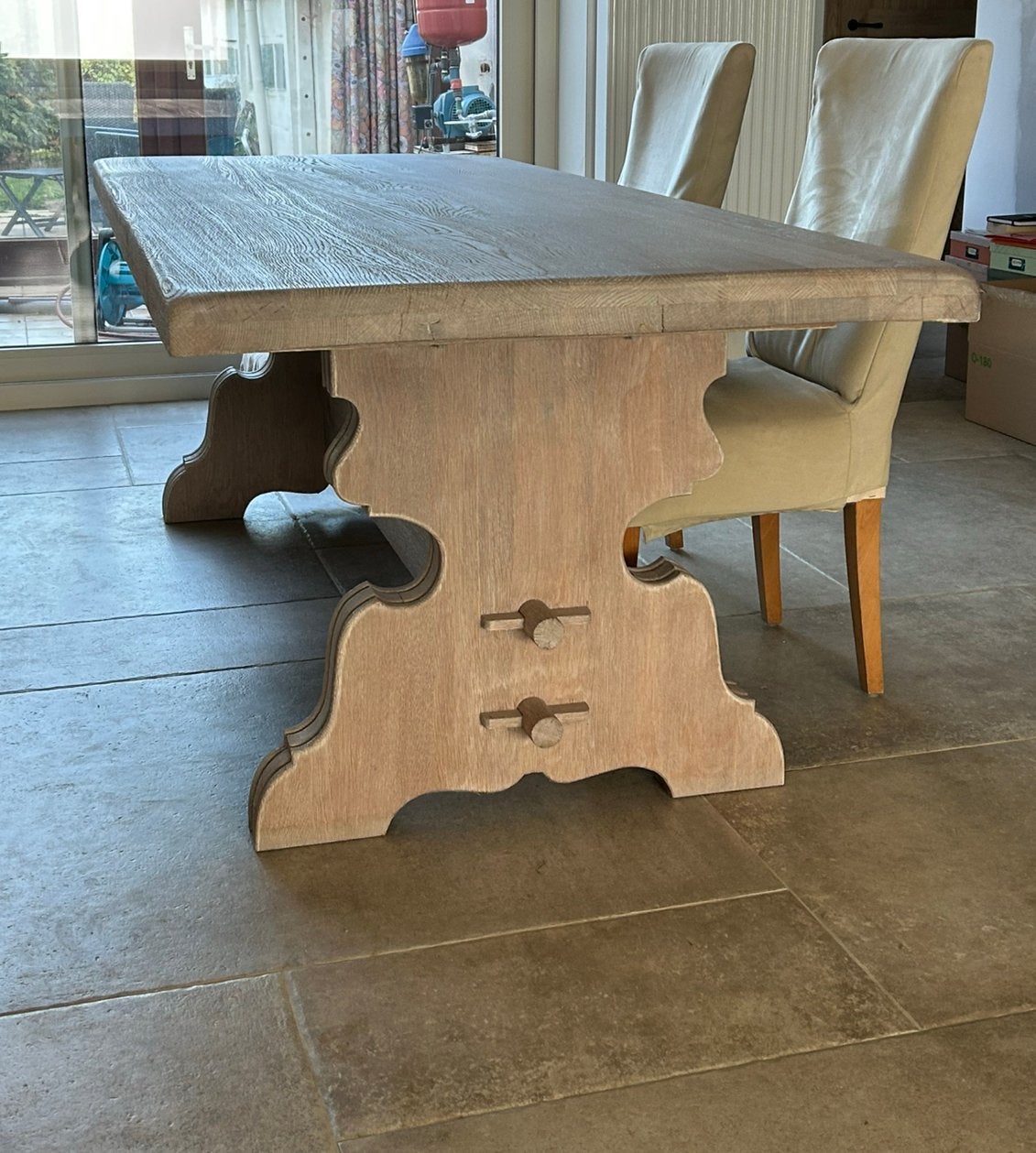 Massief eiken kloostertafel, Huis en Inrichting, Ophalen, Gebruikt, Eikenhout, 200 cm of meer