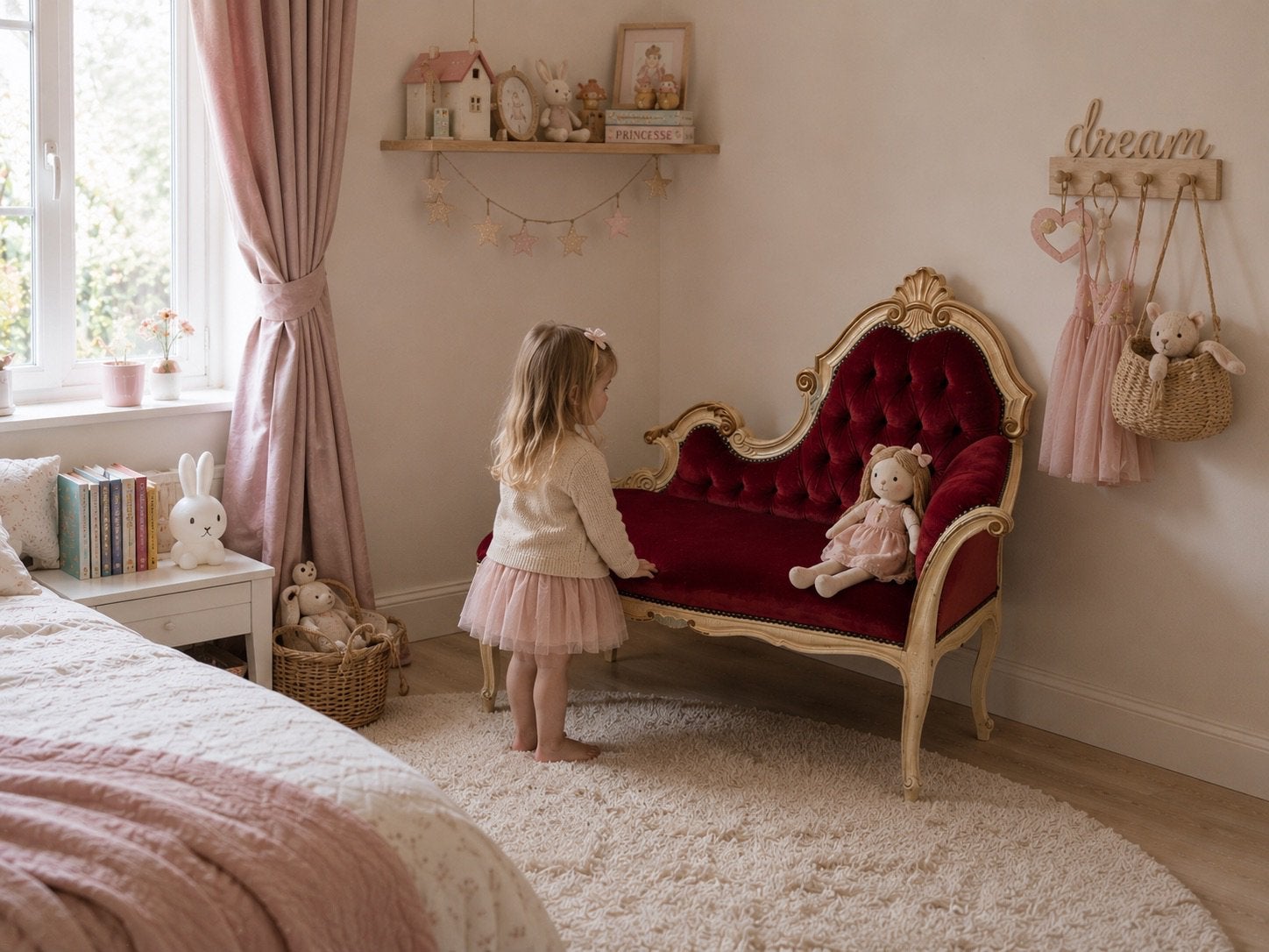 Vintage Prinsessenbankje Kinderkamer – Bordeaux Fluweel, Kinderen en Baby's, Ophalen, Gebruikt