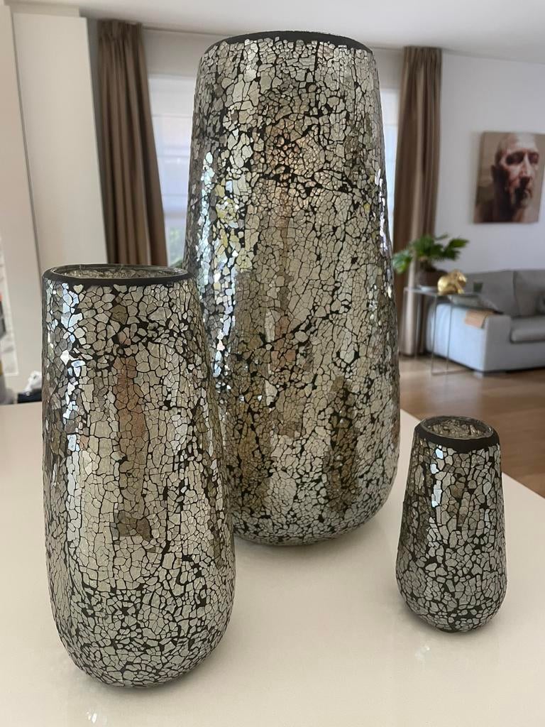 3 vazen glas mozaiek, L 44 cm M 27 cm S 16 cm, Ophalen, Zo goed als nieuw, Glas