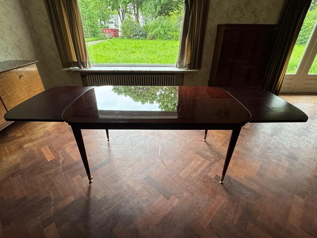 Uitschuifbare eettafel gevlamd mahoniefineer 160 tot 253 cm, Huis en Inrichting, Tafels | Eettafels, Ophalen