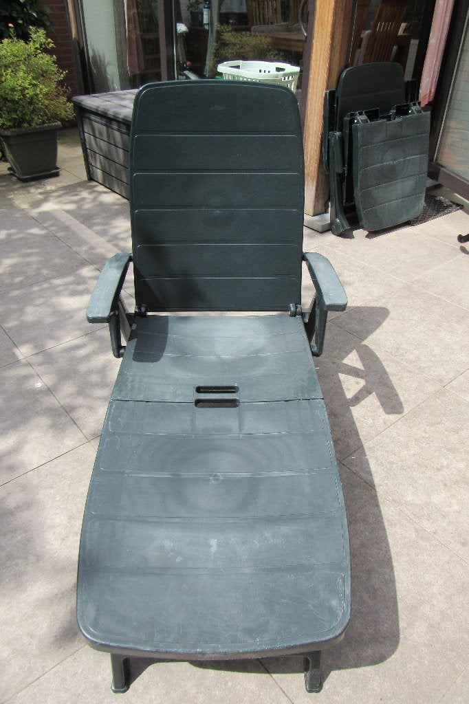 Groene ligstoelen in kunststof+ kussens voor  buiten, Tuin en Terras, Ophalen, Gebruikt, Kunststof, Verstelbaar