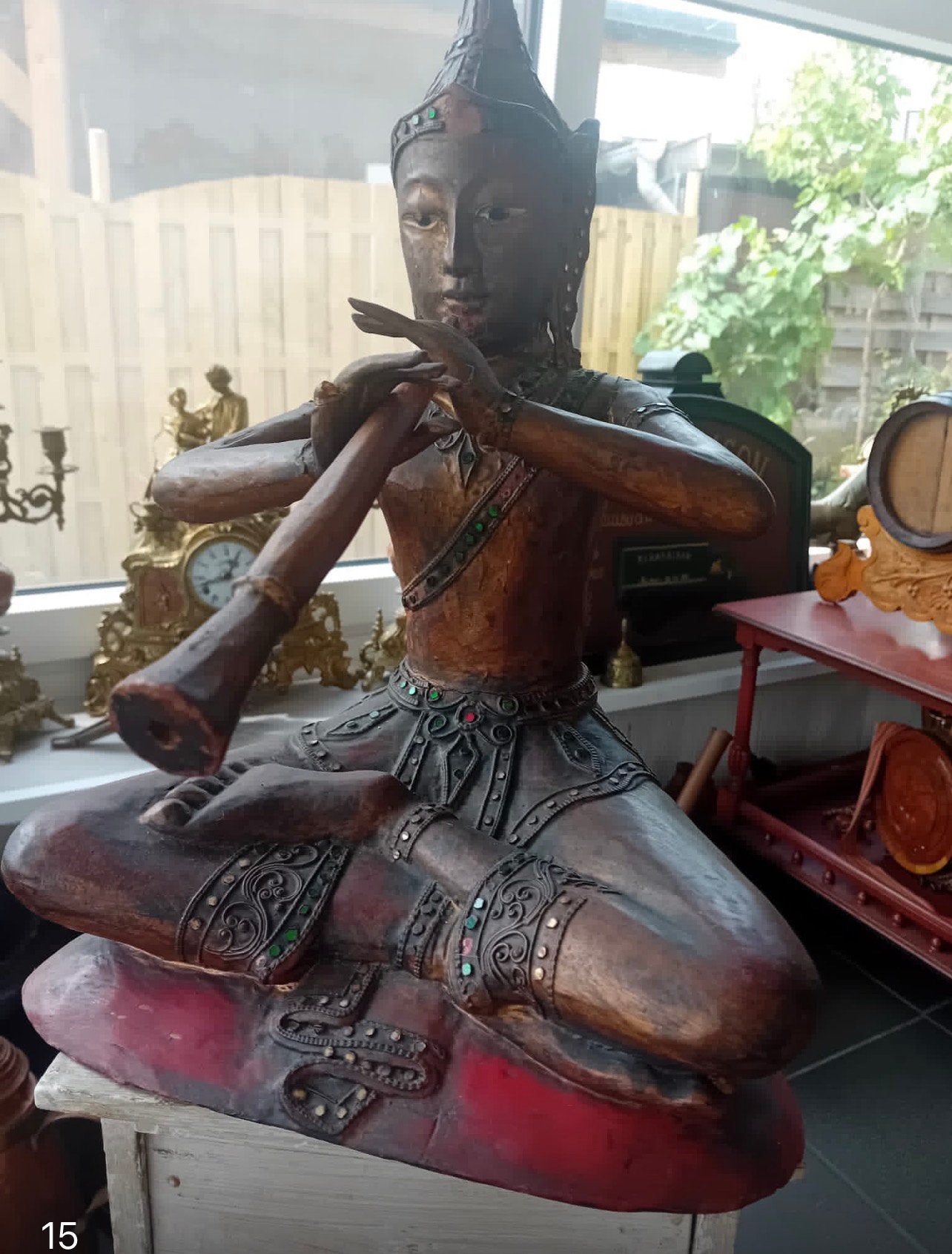 Groot houten Thais muzikantenbeeld – handgesneden, Enlèvement, Comme neuf, Massif